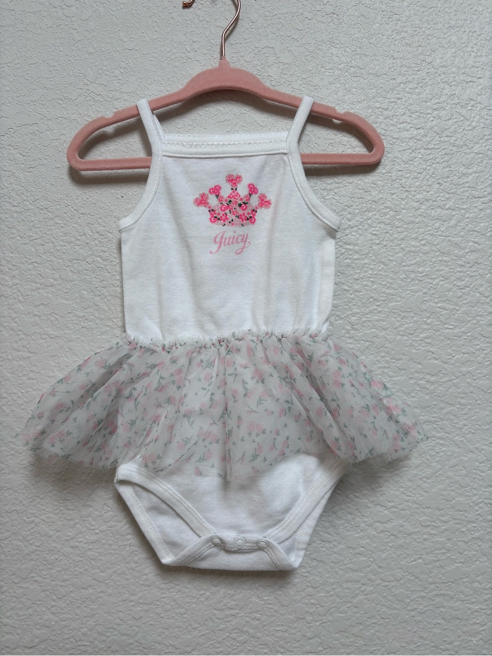 Juicy Couture White One-Piece Bodysuit with Floral Tulle Skirt & Pink Crown